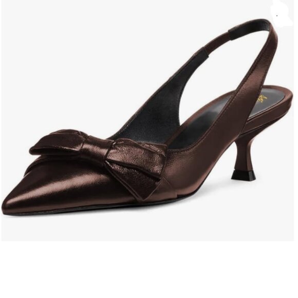 miss left Brown Pointy Toe Bows Pumps Slip On Kitten Heel Slingback Sandals - Picture 1 of 8